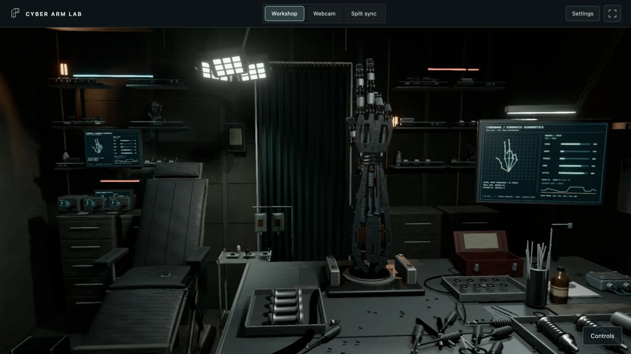 Runtime view of a metal arm surrounded by workshop lamps, parts trays and diagnostic screens