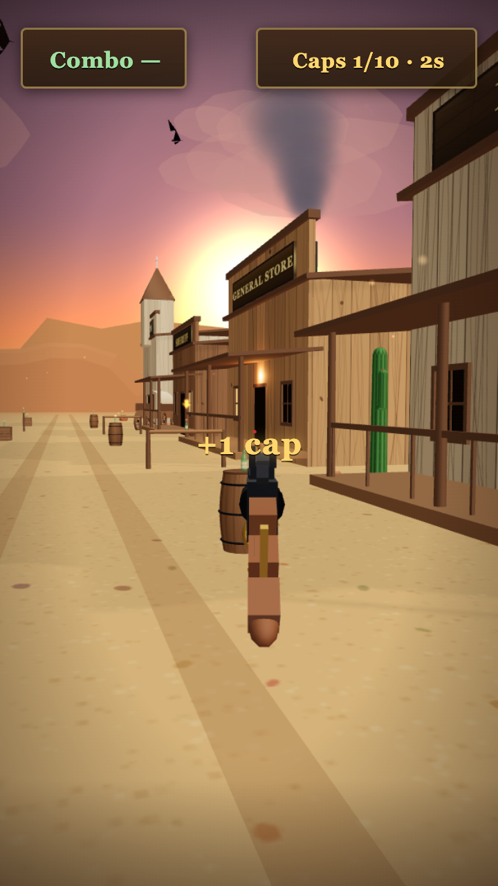 Bottle Caps gameplay in a western street at sunset