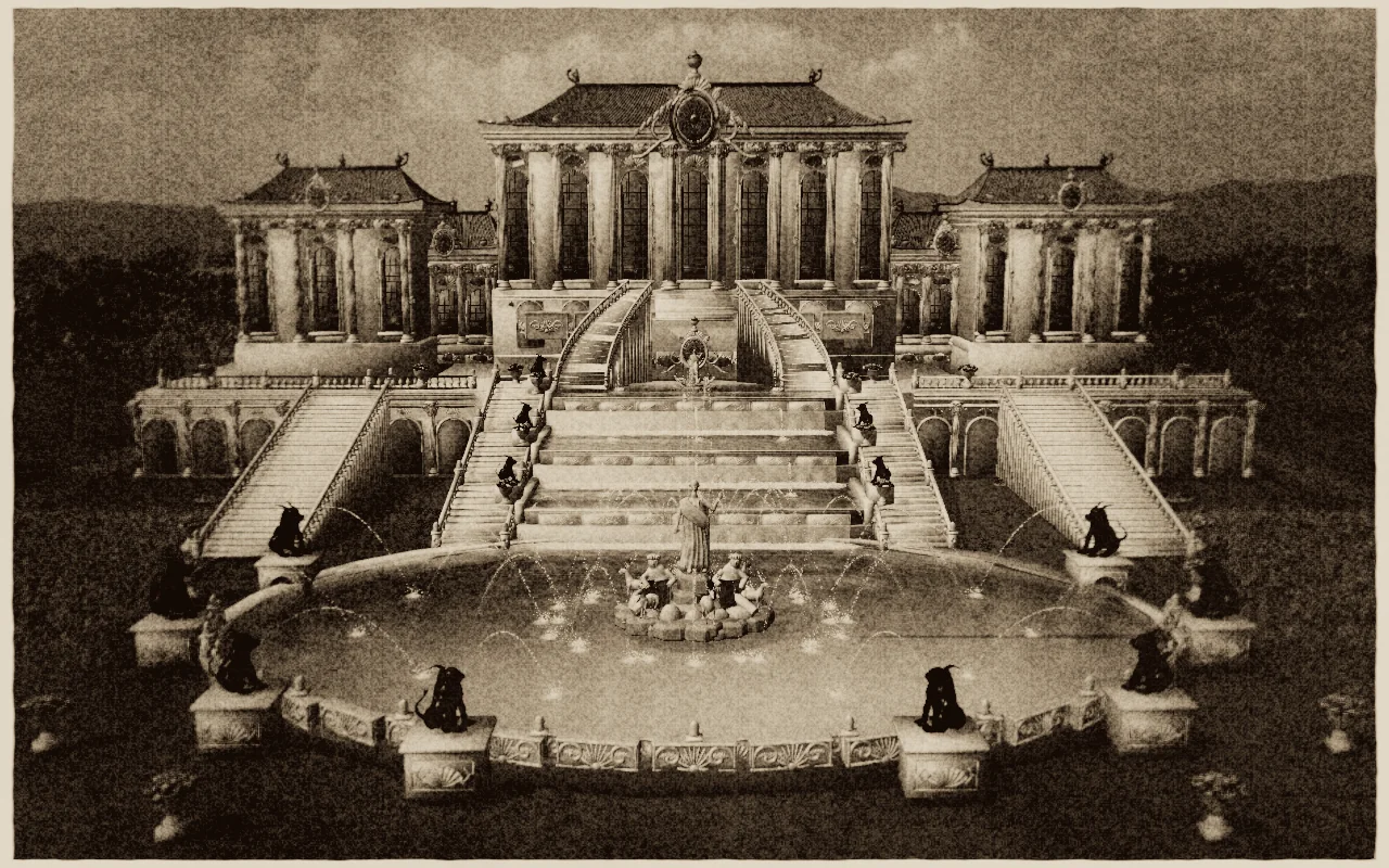 Runtime capture of the blue-roofed concept palace and fountains in an antique photograph look