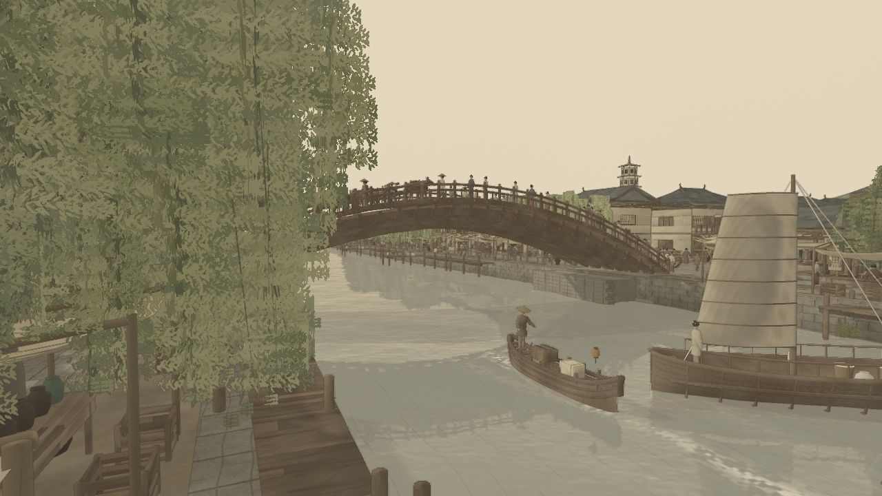 Boats beneath Hongqiao, seen from the willow-lined river