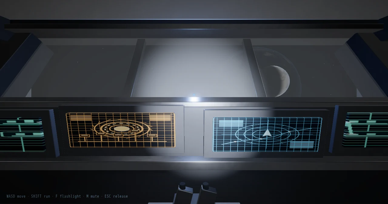 CVE Meridian cockpit displays, exterior planet, and flashlight illumination