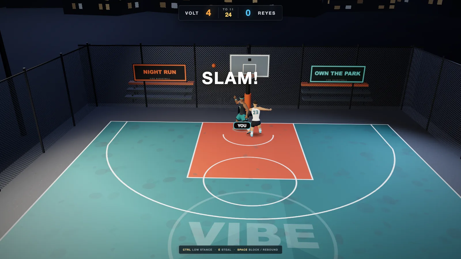 Vibe Basketball directional dunk against a defender