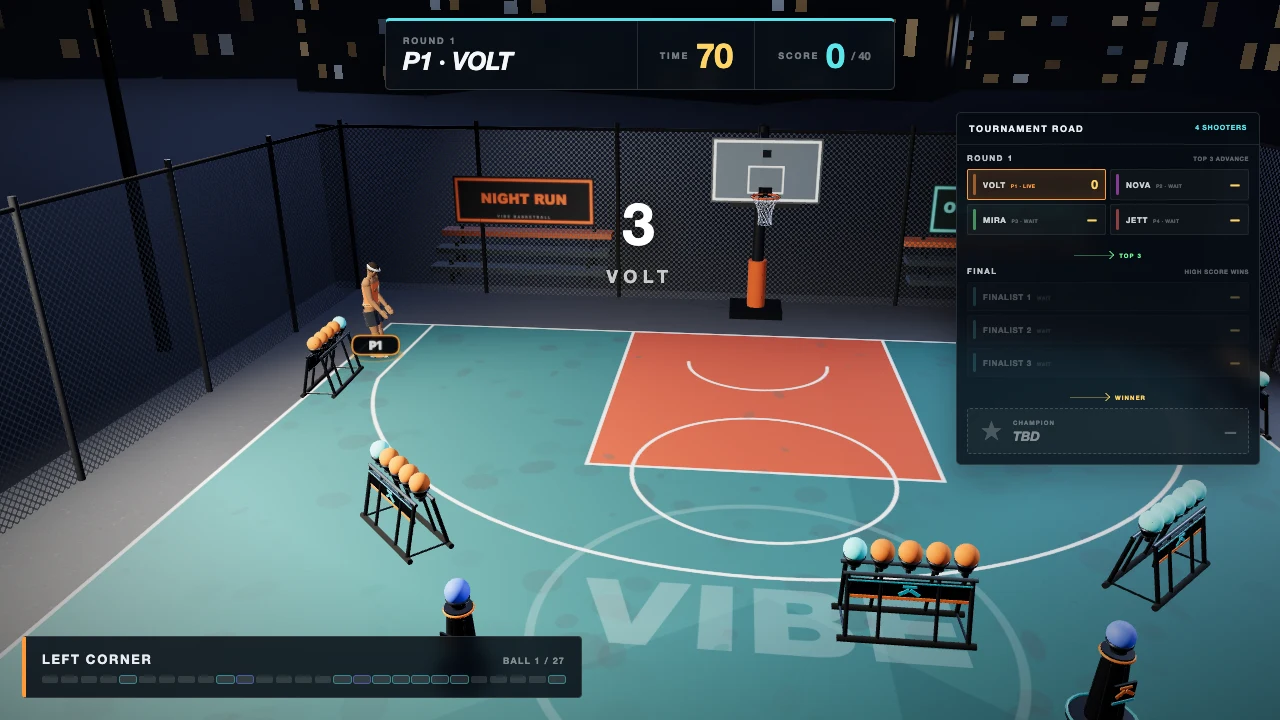 Vibe Basketball 三分球大赛的球架、计时器与比赛路线