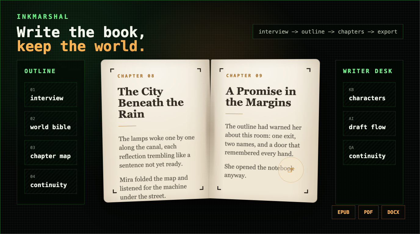 InkMarshal book-flip manuscript workspace preview
